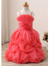 Adjustable Straps Beaded Coral Organza Satin Flower Girl Dress